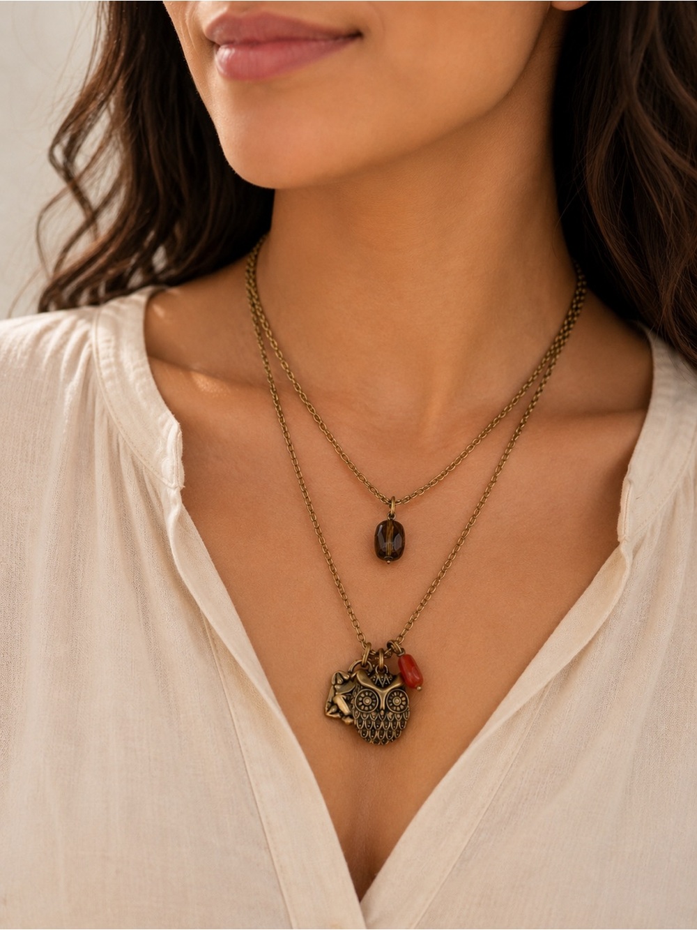Lucky 🍀 Brand | Layered Owl 🦉 Charm Necklace | Gold Tone Boho Pendant Necklace